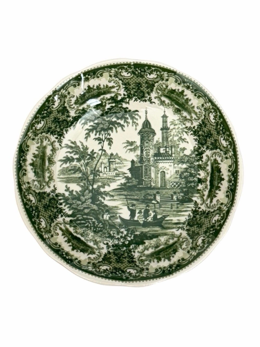 Vintage Green Transferware Scenic Bowl
Cottage Lake Scene Floral Boarder